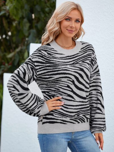 Animal Print Round Neck Dropped Shoulder Sweater - Beauty by Anjuli