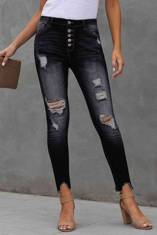 Baeful Button Fly Hem Detail Ankle-Length Skinny Jeans - Beauty by Anjuli