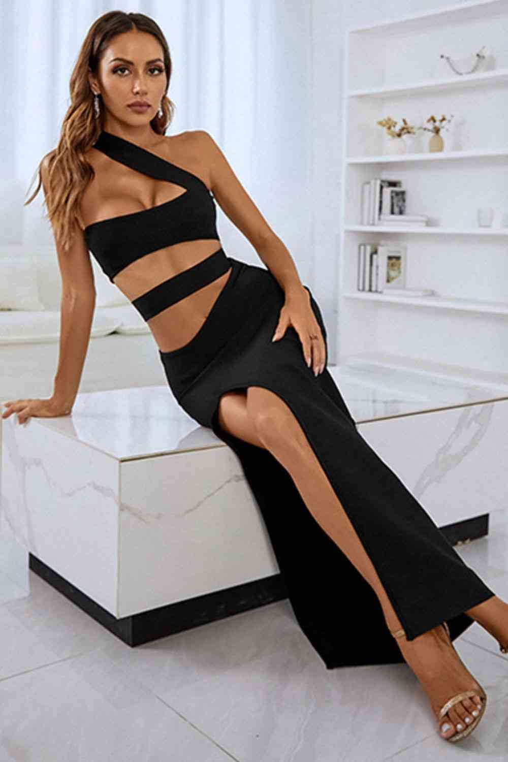 One-Shoulder Cutout Front Split Maxi Dress