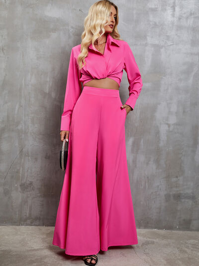 Collared Neck Long Sleeve Top and Wide Leg Pants Set