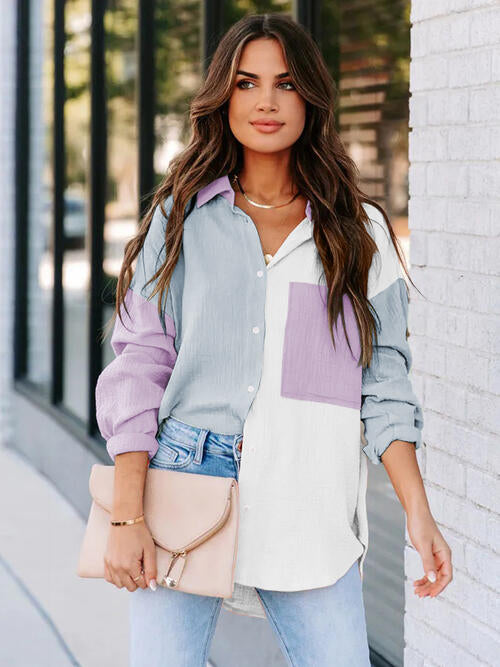 Color Block Button Up Collared Neck Shirt