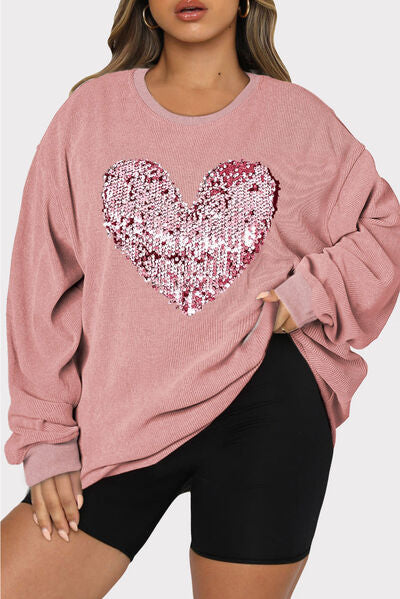 Plus Size Heart Sequin Round Neck Sweatshirt