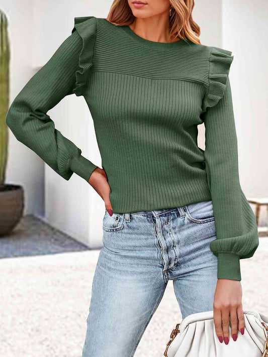 Ribbed Ruffled Round Neck Long Sleeve Knit-Top