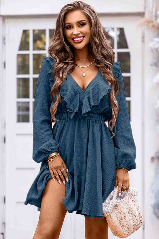 Ruffle Trim V-Neck Long Sleeve Mini Dress