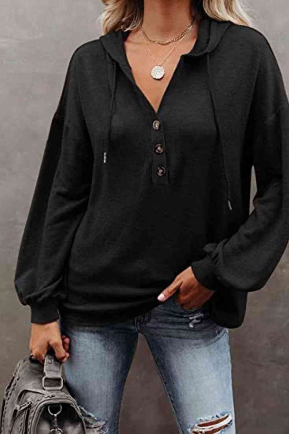 Buttoned Drop Shoulder Hoodie